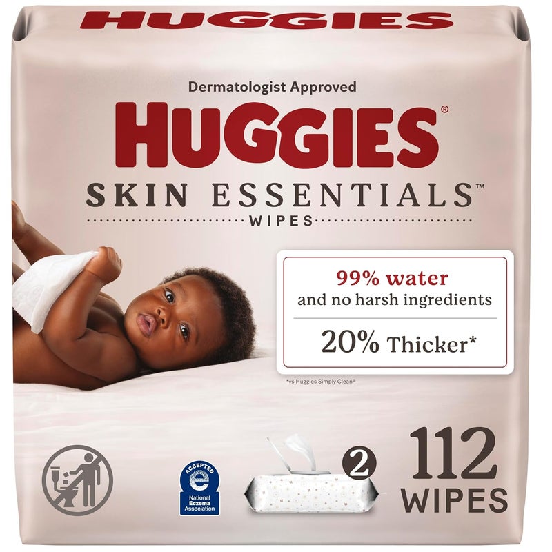 HUGGIES Skin Essentials Baby Wipes, Hypoallergenic, 99% Water, 2 Flip Top Packs (112 Wipes Total) - Image 1